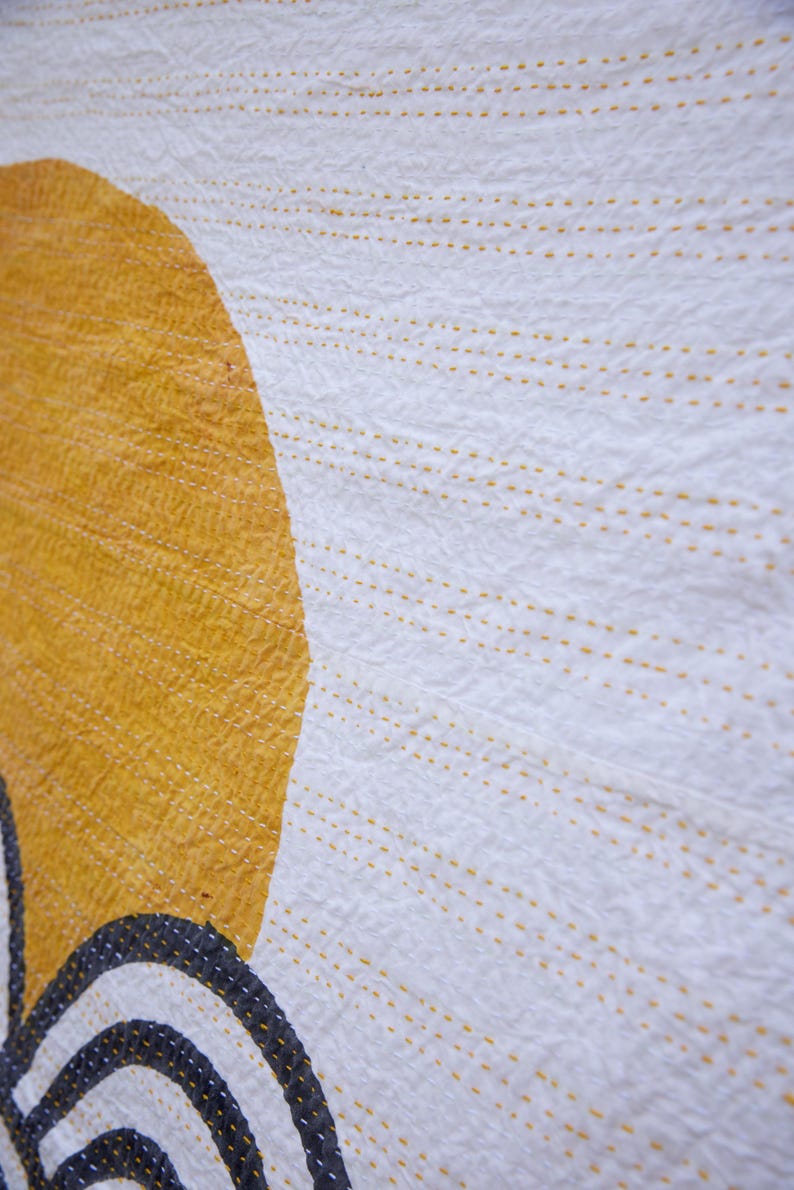 Hand-Block Printed Kantha Throw Blanket: Boho Cotton Quilted Throw (84” x 54”)
