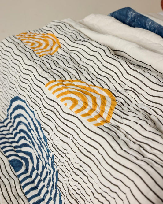 Hand-Quilted Kantha Comforter Set: Reversible Block-Printed Cotton Quilt