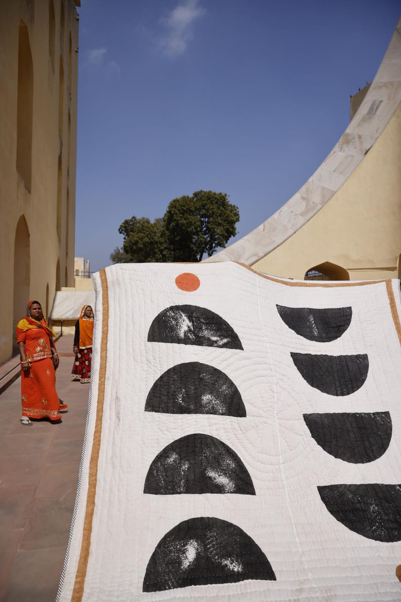 Handmade Queen Quilt: Block Printed Cotton Kantha Bedspread