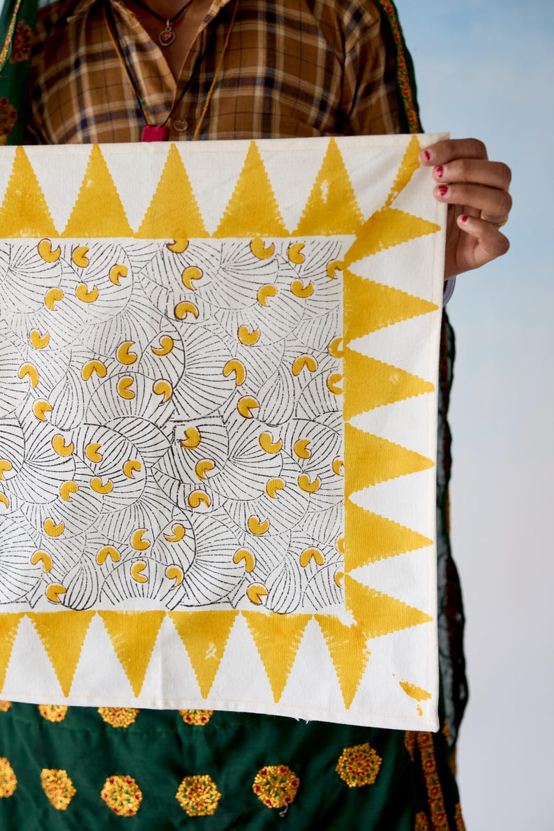 Koloman Moser Placemat Set: Hand-Printed Cotton Table Linens with Kantha Stitching