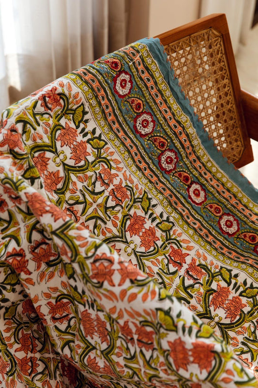 Floral Kantha Throw Blanket: Hand Block Printed Indian Cotton Quilt