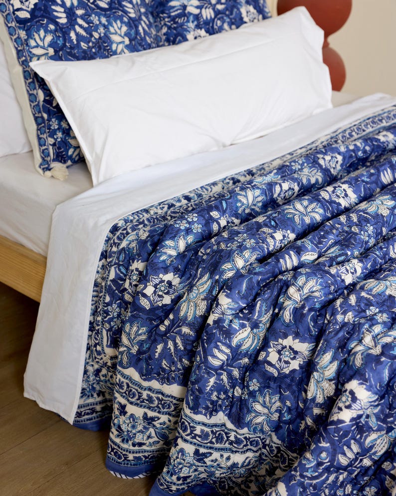 Handmade Cotton Kantha Quilt: Blue Bohemian Floral Comforter