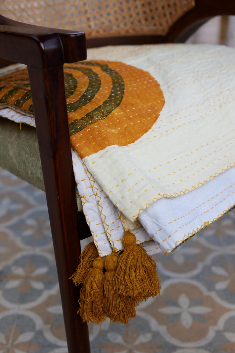 Handmade Linen Kantha Throw Blanket: Boho Mid-Century Modern