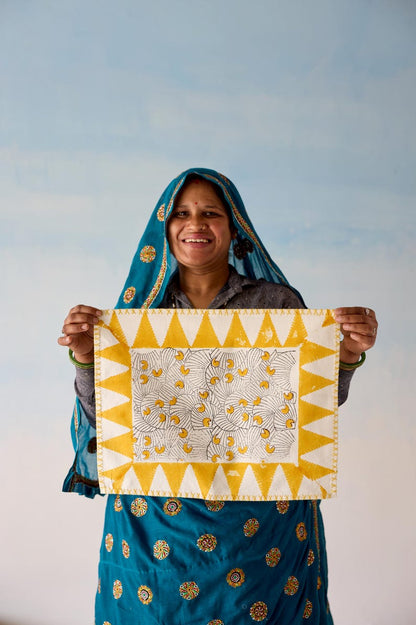 Koloman Moser Placemat Set: Hand-Printed Cotton Table Linens with Kantha Stitching