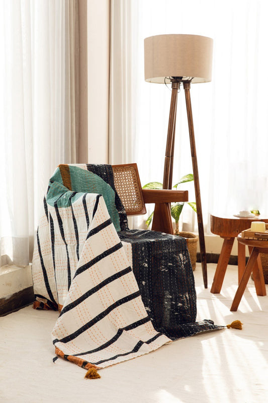 Hand-Stitched Kantha Throw Blanket: Block Print Cotton Quilt