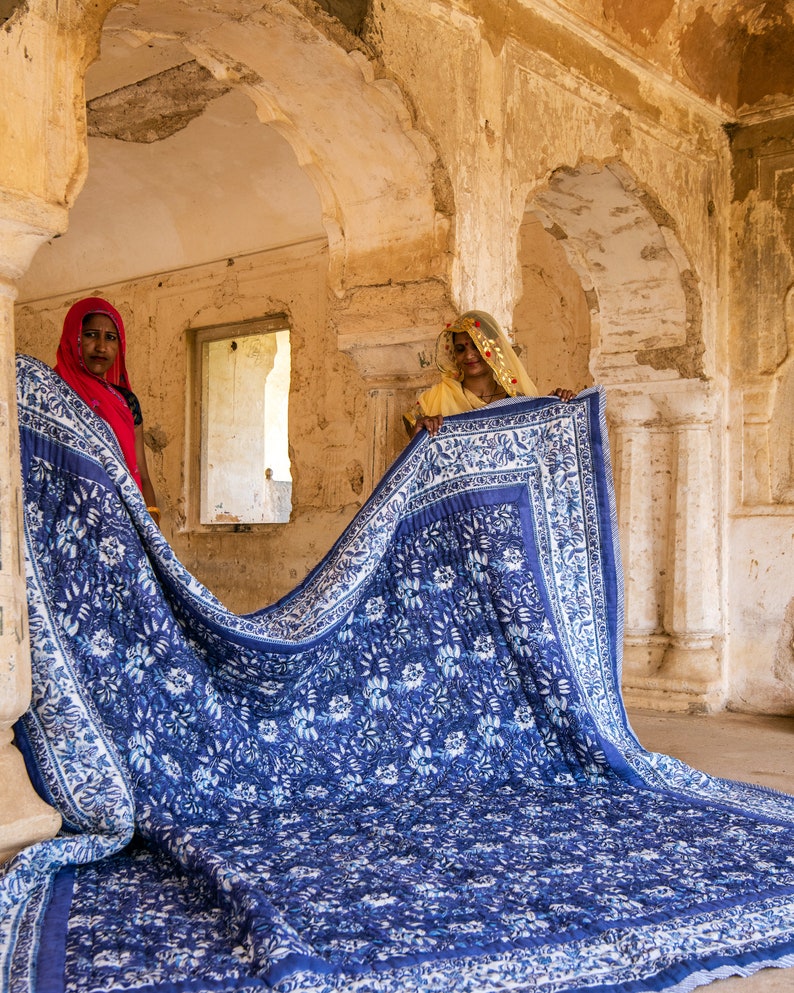 Floral Kantha Quilt Set: Reversible Block Printed Cotton Bedspread
