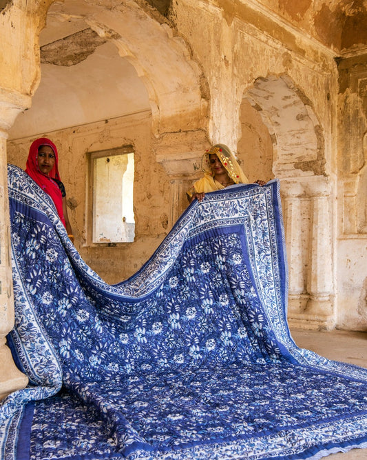 Floral Kantha Quilt Set: Reversible Block Printed Cotton Bedspread