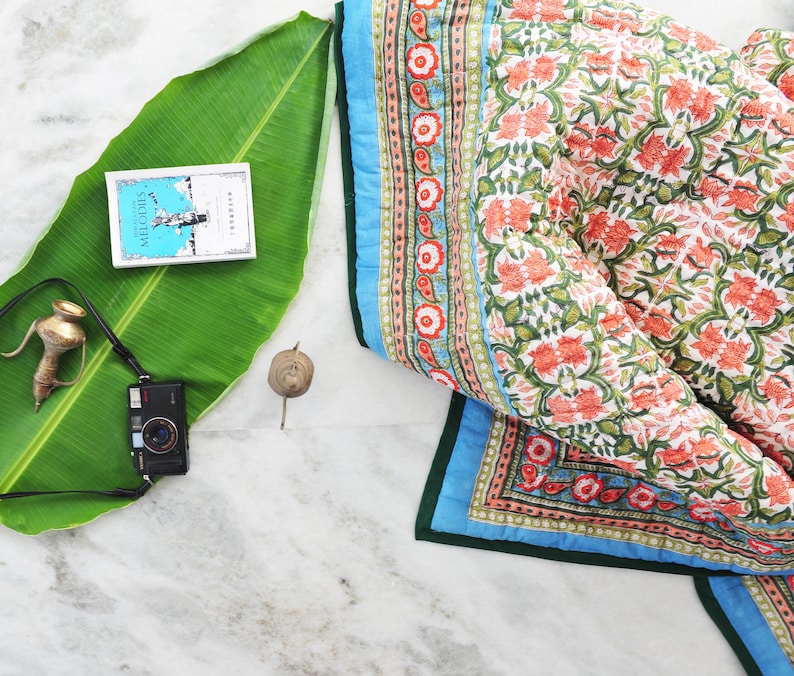 Handmade Queen Size Floral Quilt: Reversible Block Print Cotton Bedding