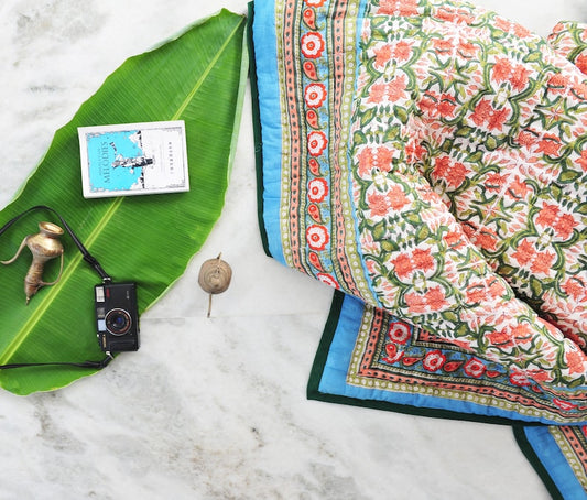 Handmade Queen Size Floral Quilt: Reversible Block Print Cotton Bedding