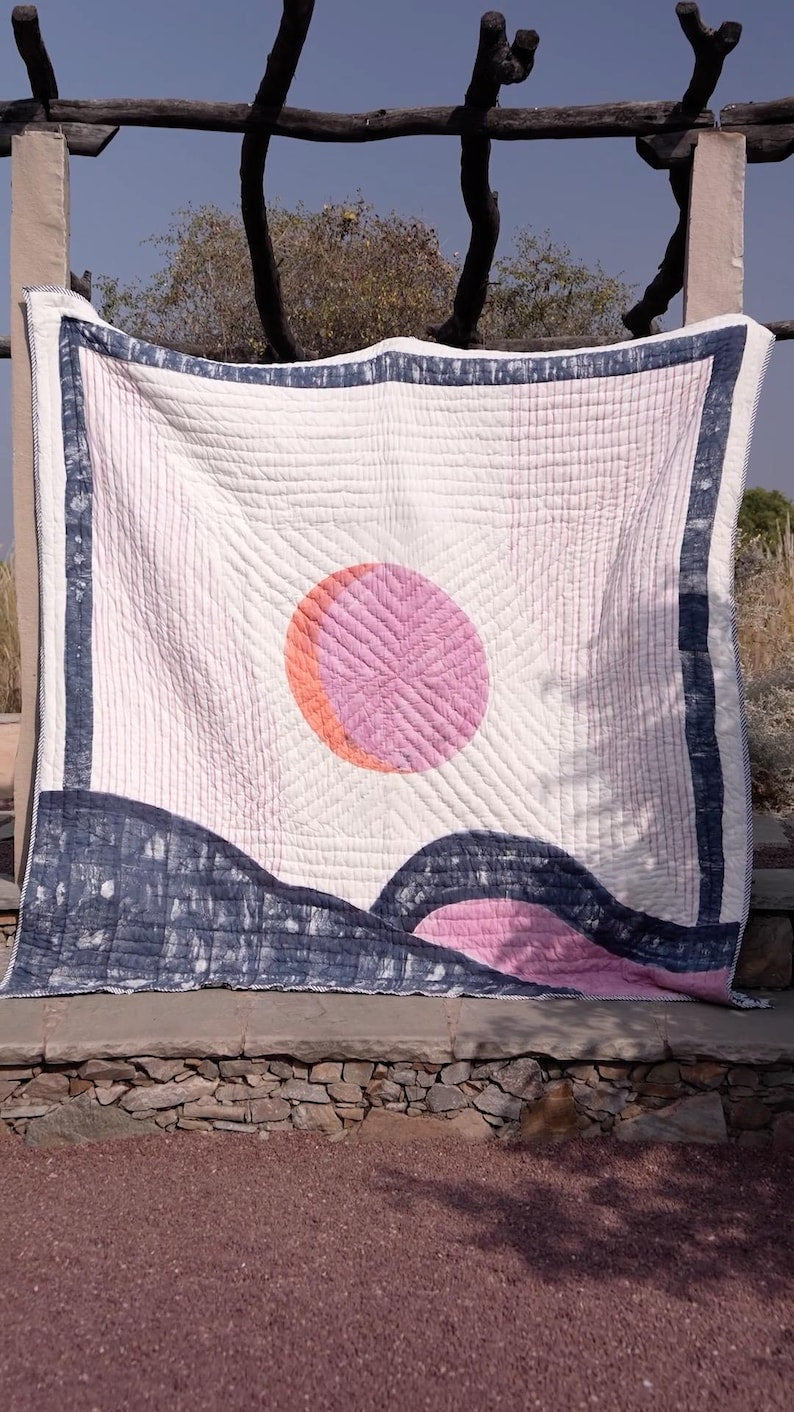 Reversible Cotton Quilt Set – Purple Hand Block Printed Kantha Blanket, Lightweight Boho Comforter, Indian Kantha Bedspread, Modern Bedding