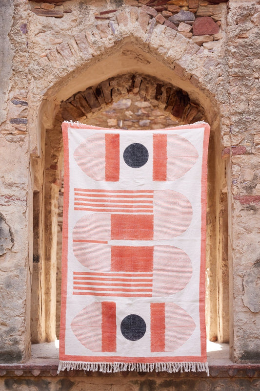 Hand Block Printed Cotton Rug: Terracotta & Black Geometric Rug - Boho Modern Decor