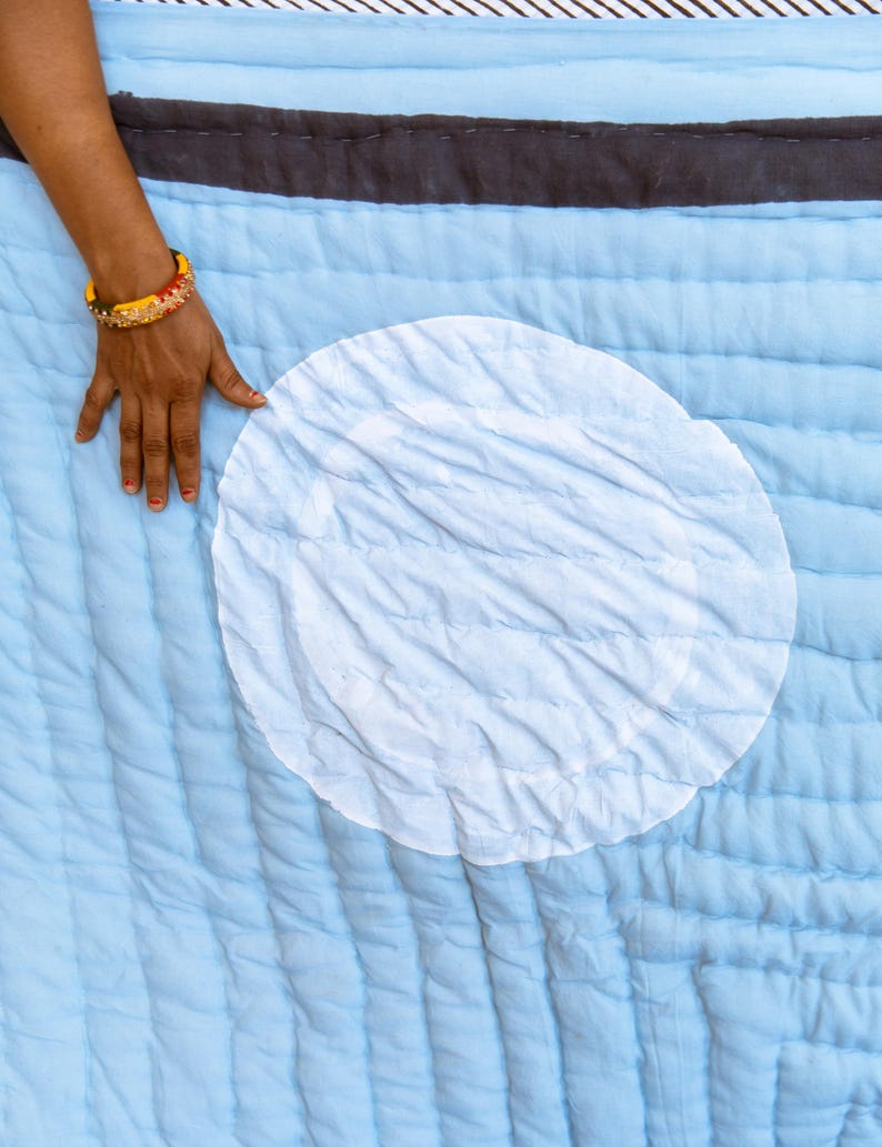 Reversible Kantha Quilt: Boho Block Print Cotton Bedspread