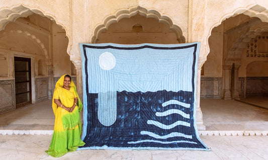 Reversible Kantha Quilt: Boho Block Print Cotton Bedspread