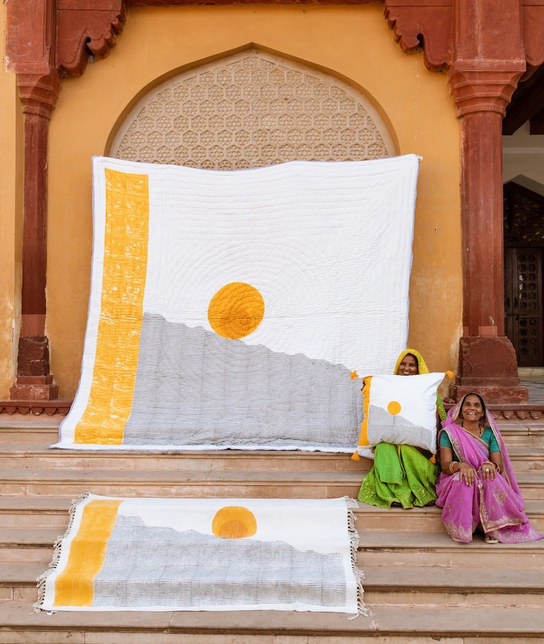 Reversible Kantha Quilt: Hand-Block Printed Sun & Moon Cotton Bedding