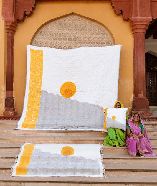 Reversible Kantha Quilt: Hand-Block Printed Sun & Moon Cotton Bedding