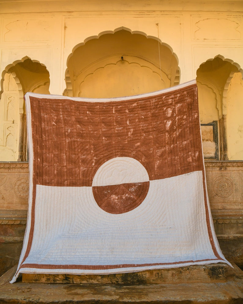 Hand Block Printed Cotton Quilt: Reversible Boho Bedspread with Shams