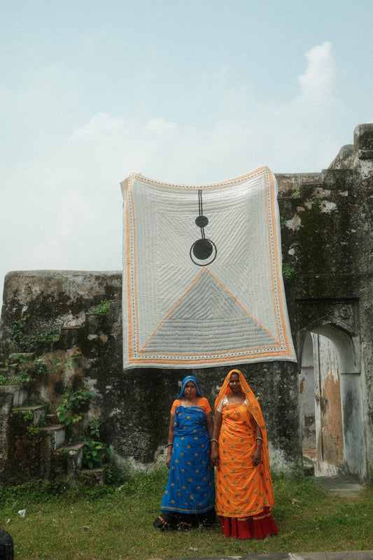 Handmade Queen Size Kantha Quilt: Lunar Orange & White Reversible Cotton Bedspread
