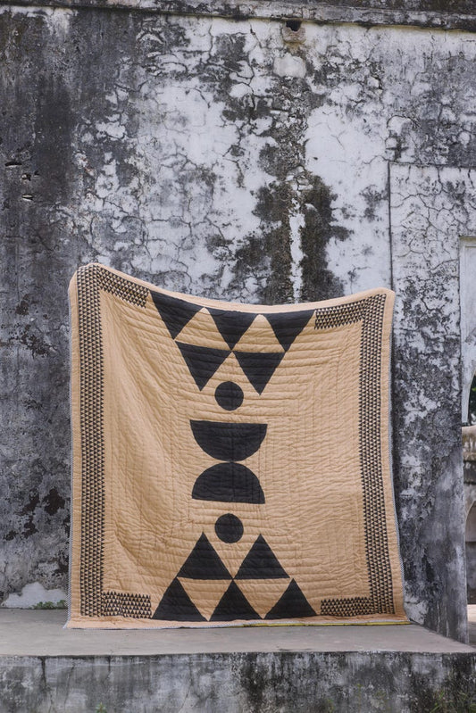 Reversible Indian Block Print Kantha Quilt: Aztec Boho Bedding Set