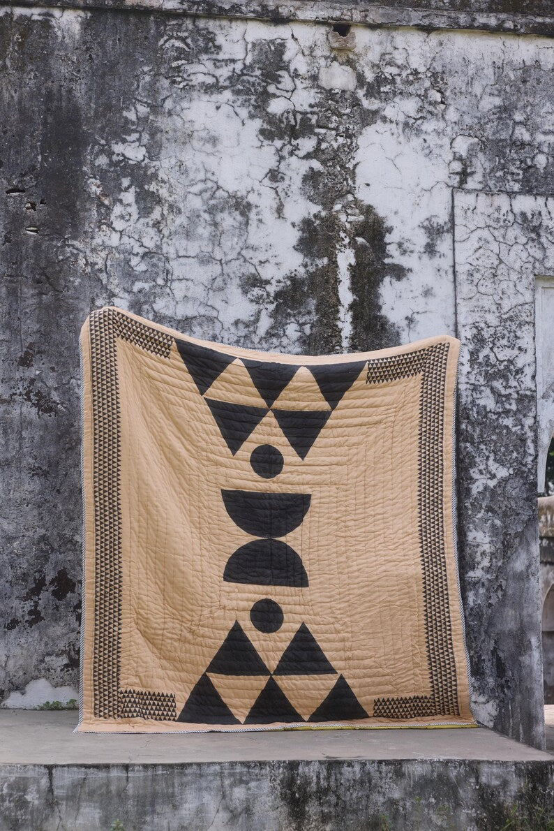 Handmade Block Printed Cotton Quilt: Reversible Boho Bedspread