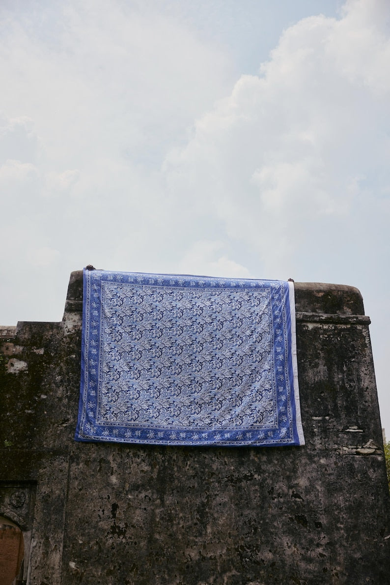 Hand-Printed Cotton Duvet Cover Set: Reversible Blue Floral Bedding