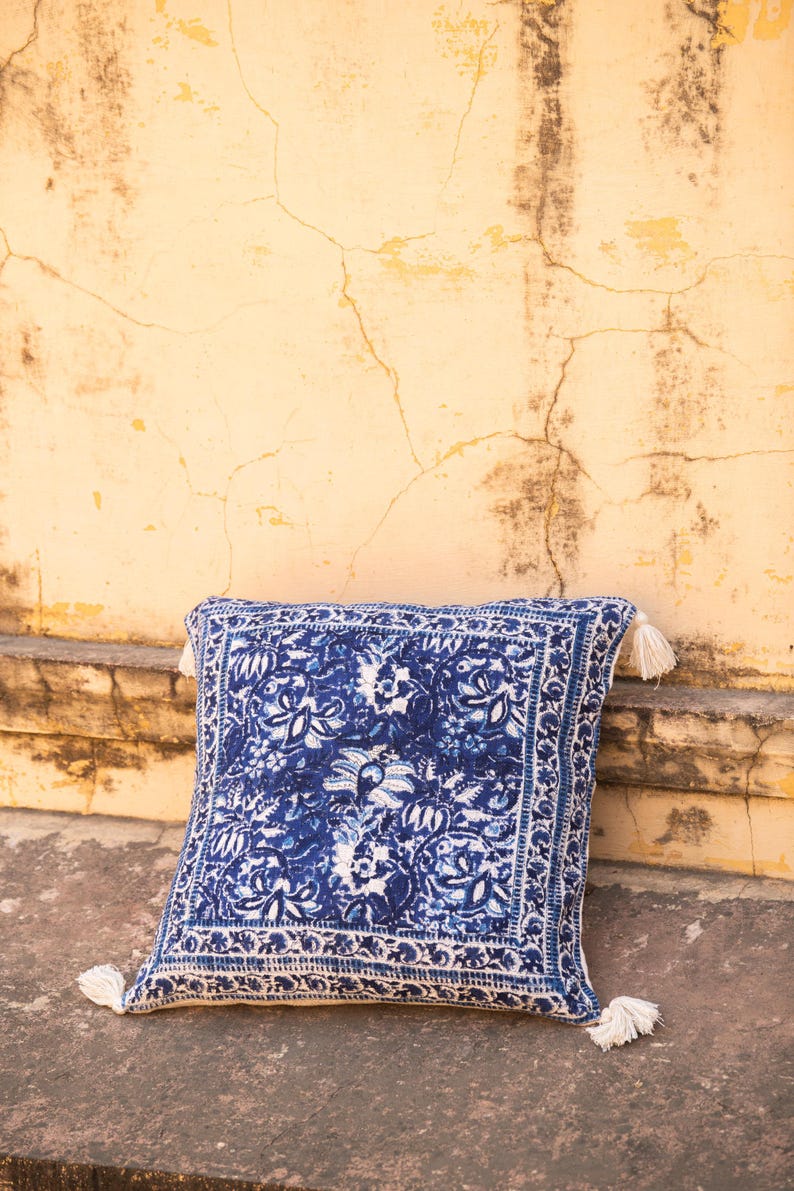 Hand-Printed Cotton Duvet Cover Set: Reversible Blue Floral Bedding