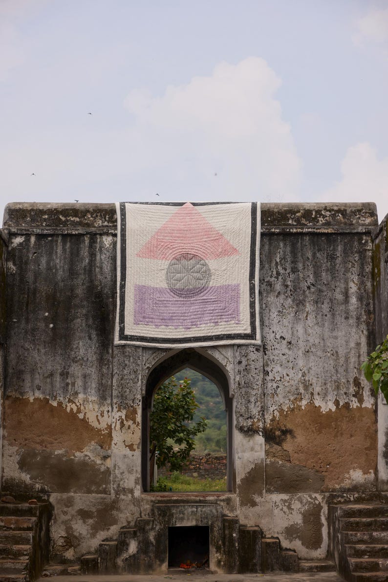 Handmade Kantha Quilt: Abstract Pink & Purple Cotton Bed Quilt