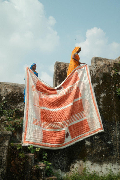 Handmade Queen Size Kantha Quilt: Lunar Orange & White Reversible Cotton Bedspread