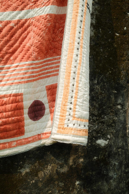 Handmade Queen Size Kantha Quilt: Lunar Orange & White Reversible Cotton Bedspread