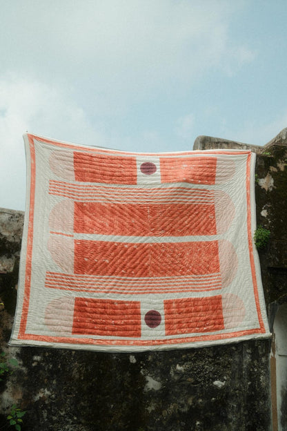 Handmade Queen Size Kantha Quilt: Lunar Orange & White Reversible Cotton Bedspread