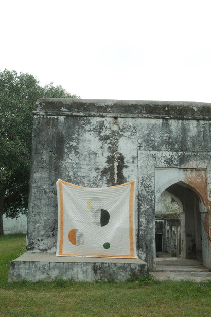 Handmade Kantha Quilt: Reversible Abstract Block Print Cotton Bedspread