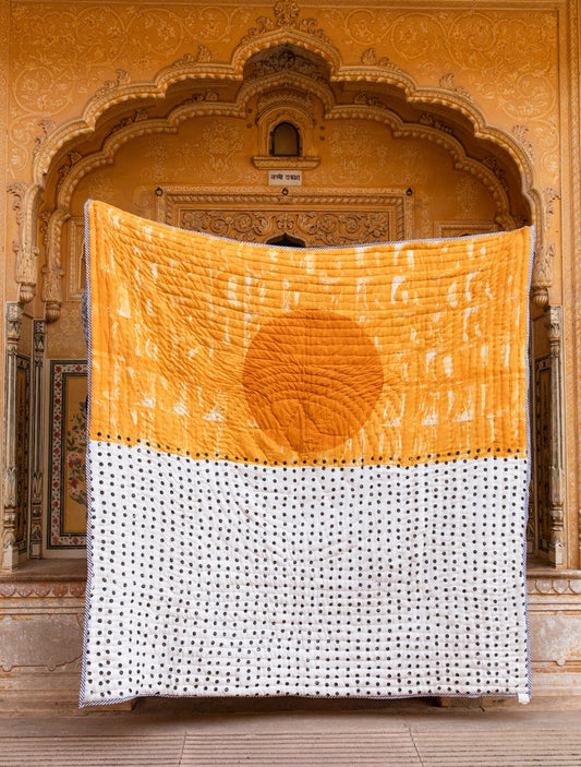 Handmade Kantha Quilt: Reversible Abstract Block Print Cotton Bedspread