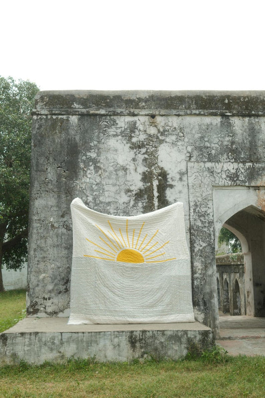 Hand Block Printed Cotton Kantha Quilt: Reversible Sunrise Sun Design