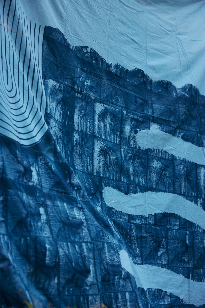 Hand-Block Printed Cotton Duvet Cover Set: Reversible Blue Green Boho Bedding
