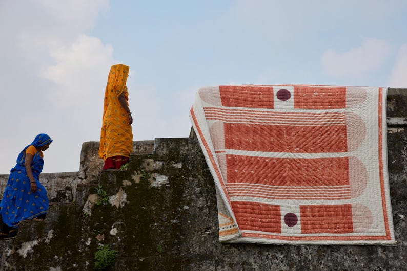 Handmade King Size Kantha Quilt: Reversible Hand-Block Printed Cotton Bedspread