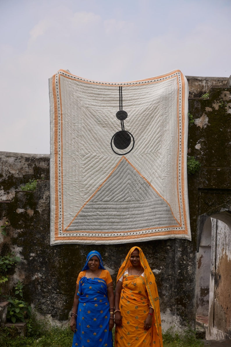 Handmade King Size Kantha Quilt: Reversible Hand-Block Printed Cotton Bedspread
