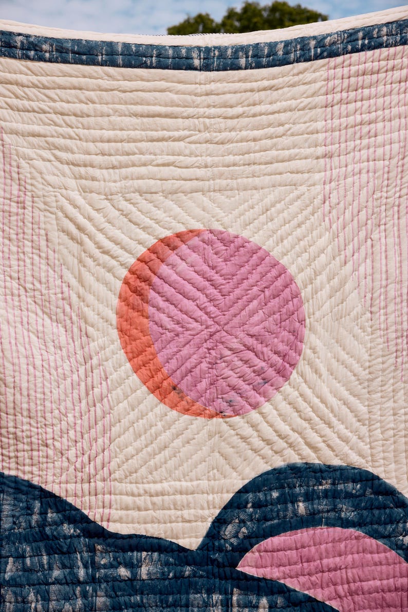 Handmade Cotton Quilt: Reversible Block Print, Blue Star Design, Indian Kantha Bedspread, Available in Twin, Queen, and King Sizes