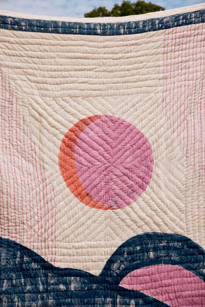 Handmade Cotton Quilt: Reversible Block Print, Blue Star Design, Indian Kantha Bedspread, Available in Twin, Queen, and King Sizes