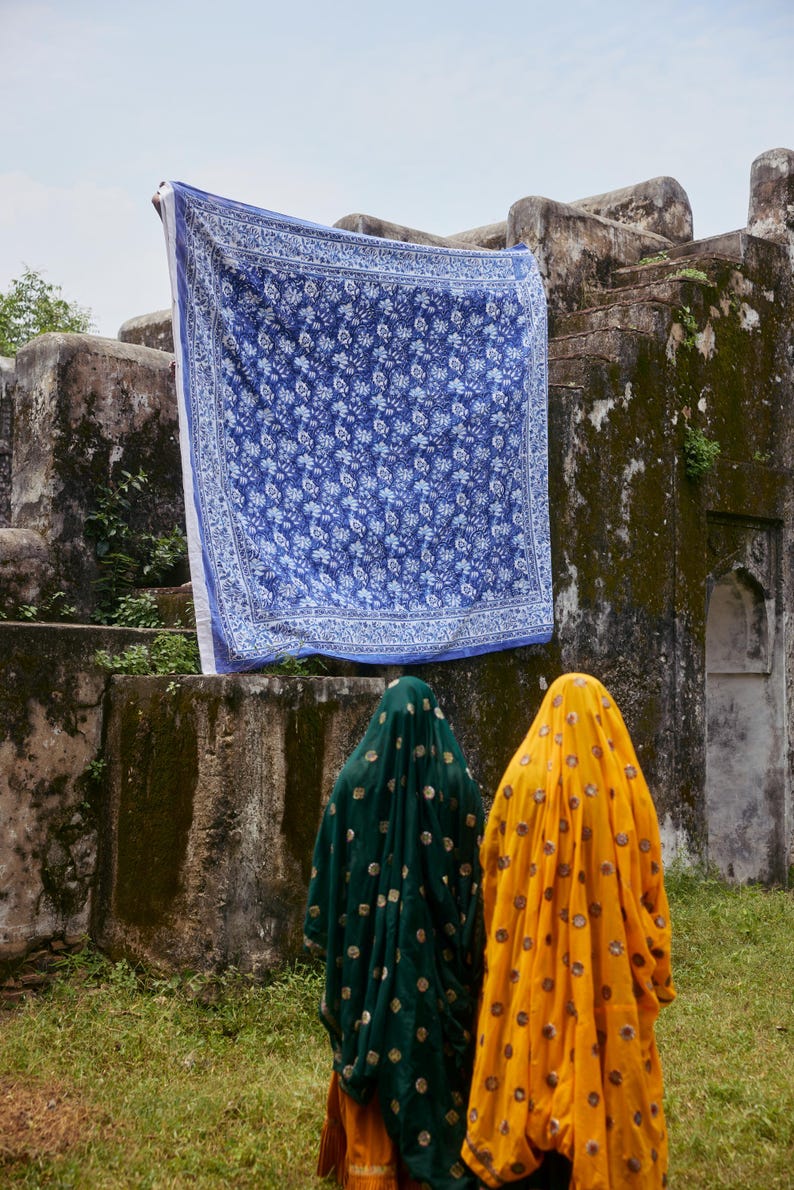 Hand-Printed Cotton Duvet Cover Set: Reversible Blue Floral Bedding