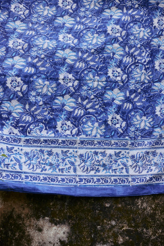 Hand-Printed Cotton Duvet Cover Set: Reversible Blue Floral Bedding