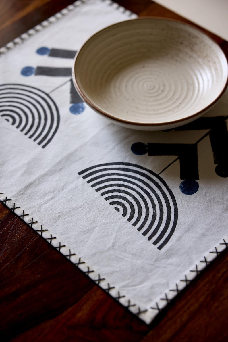 Hand Block Printed Cotton Placemat Set: Modern Floral Table Linens
