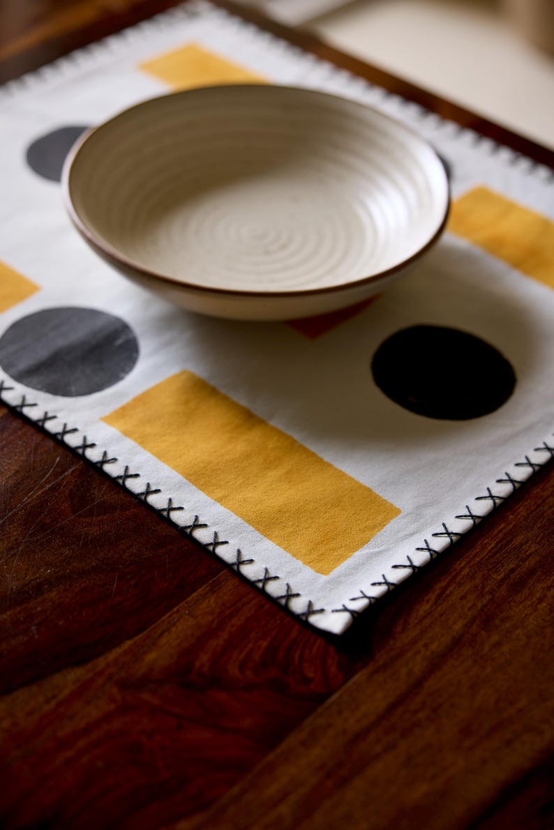 Modern Hand Block Printed Cotton Placemat Set With Bold Orange and Black Geometric Pattern and Hand-Stitched Edge – Set of 2, 4 or 6