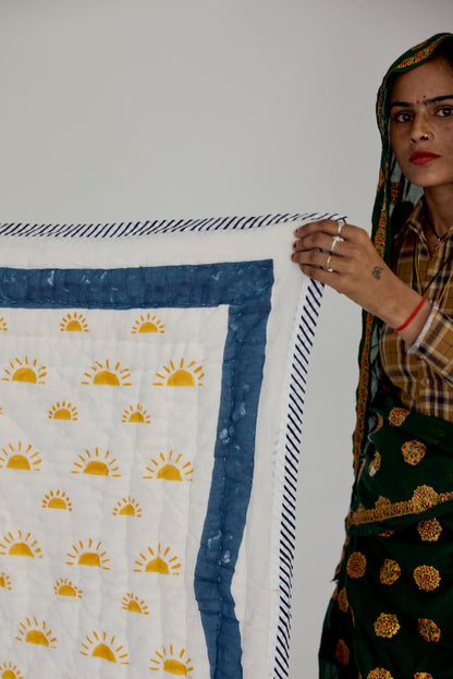 Reversible Twin XL Quilt: Handcrafted Cotton Bedspread, Yellow Sun/Blue Spiral