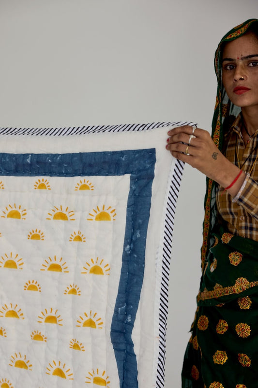 Reversible Twin XL Quilt: Handcrafted Cotton Bedspread, Yellow Sun/Blue Spiral