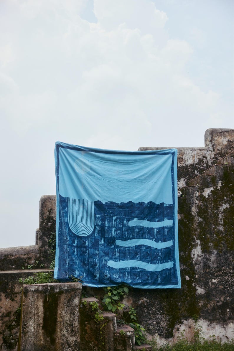 Hand-Block Printed Cotton Duvet Cover Set: Reversible Blue Green Boho Bedding