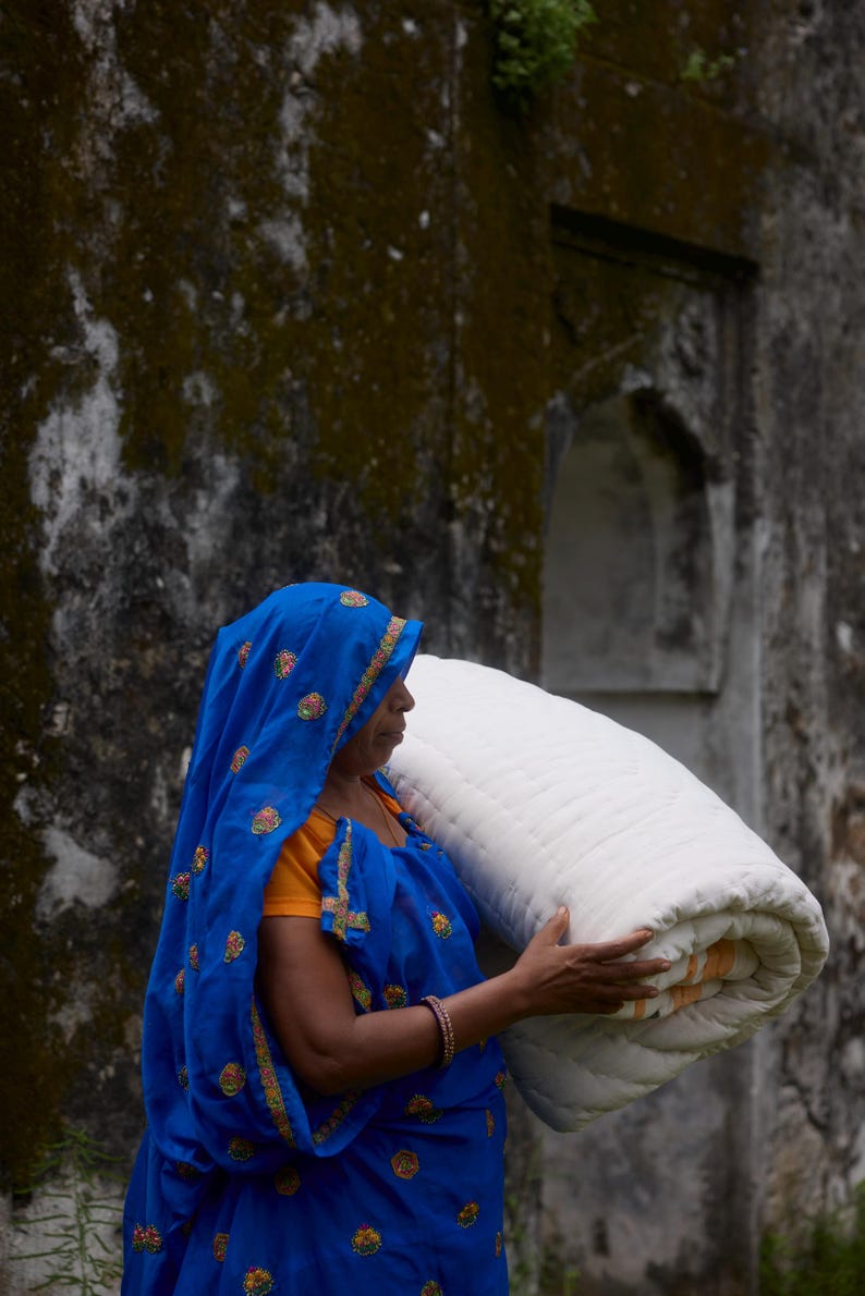 Handmade King Size Kantha Quilt: Reversible Hand-Block Printed Cotton Bedspread