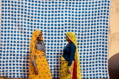 Handmade Reversible Quilt: Block Print Cotton Bedding, Purple Mountain Moon & Blue Star Design, Indian Kantha, Twin, Queen, and King Sizes