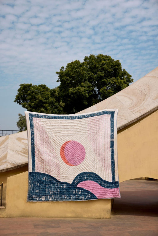 Handmade Reversible Quilt: Block Print Cotton Bedding, Purple Mountain Moon & Blue Star Design, Indian Kantha, Twin, Queen, and King Sizes