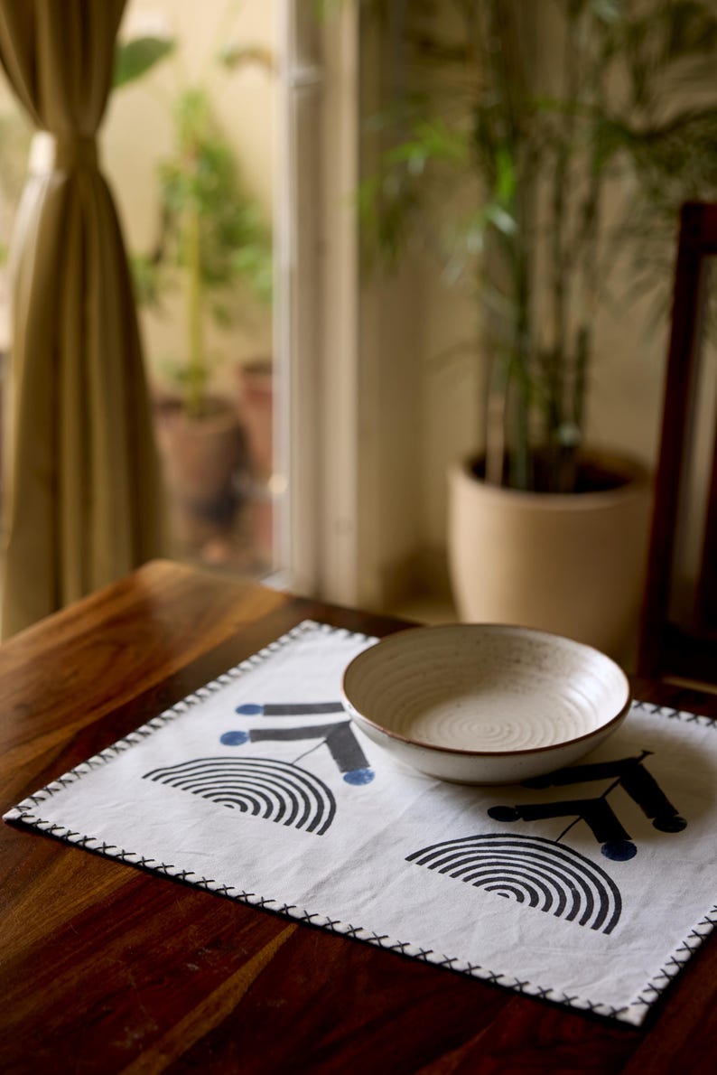 Hand Block Printed Cotton Placemat Set: Modern Floral Table Linens