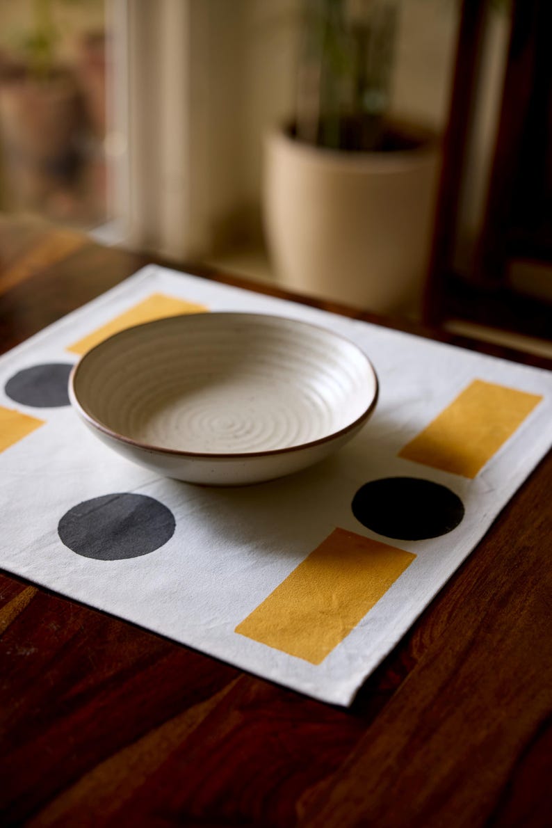 Modern Hand Block Printed Cotton Placemat Set With Bold Orange and Black Geometric Pattern and Hand-Stitched Edge – Set of 2, 4 or 6