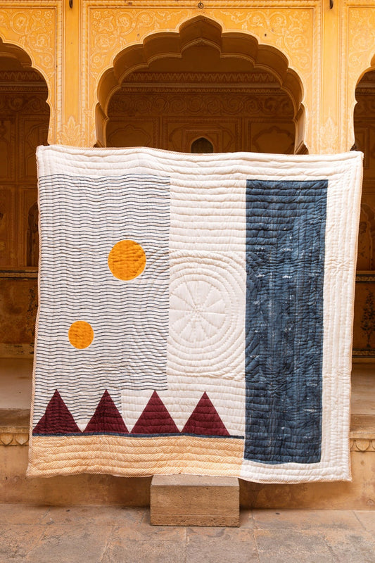 Handmade Block Print Twin Quilt: Cotton Kantha Stitched Oversized XL